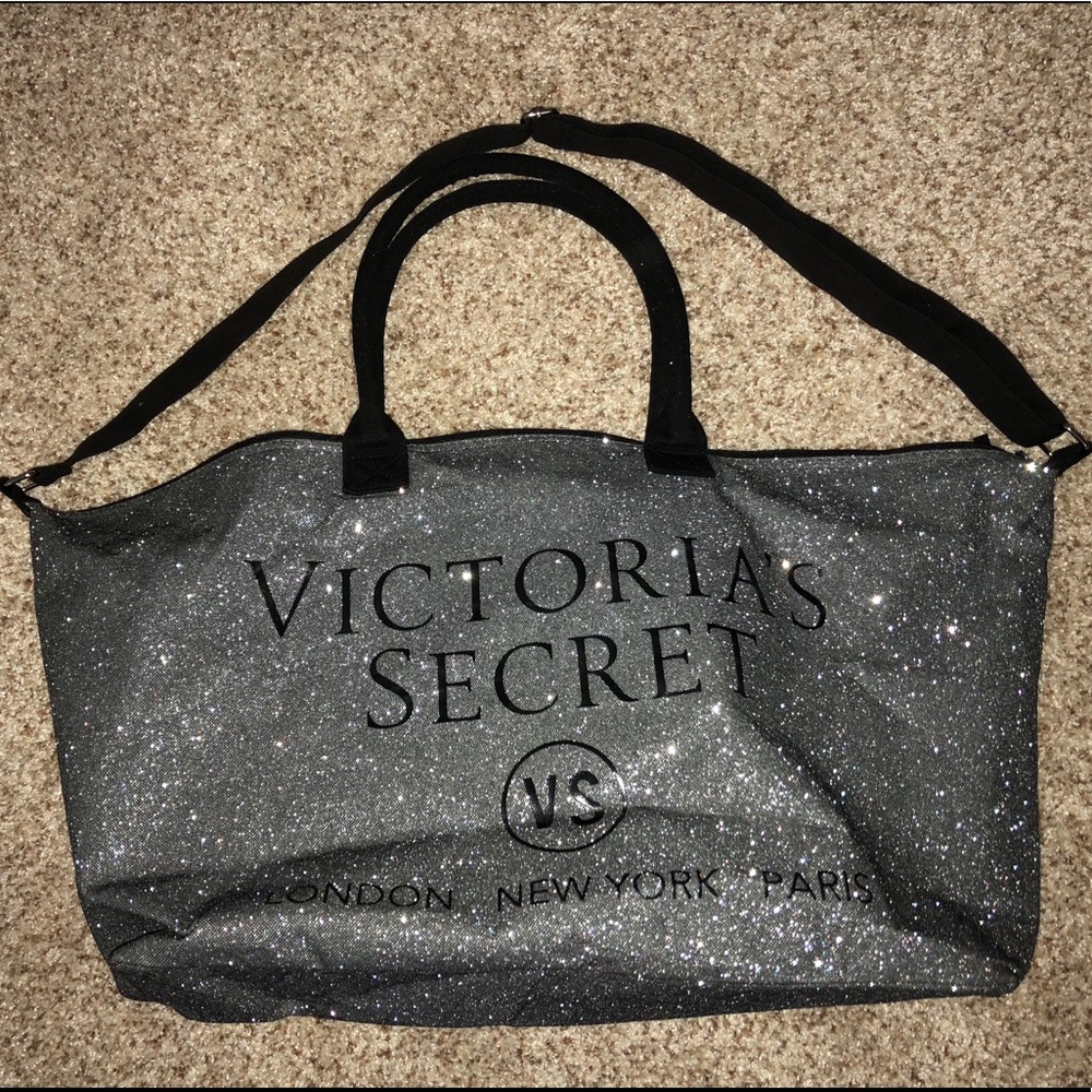 large silver sparkly Victoria’s Secret bag